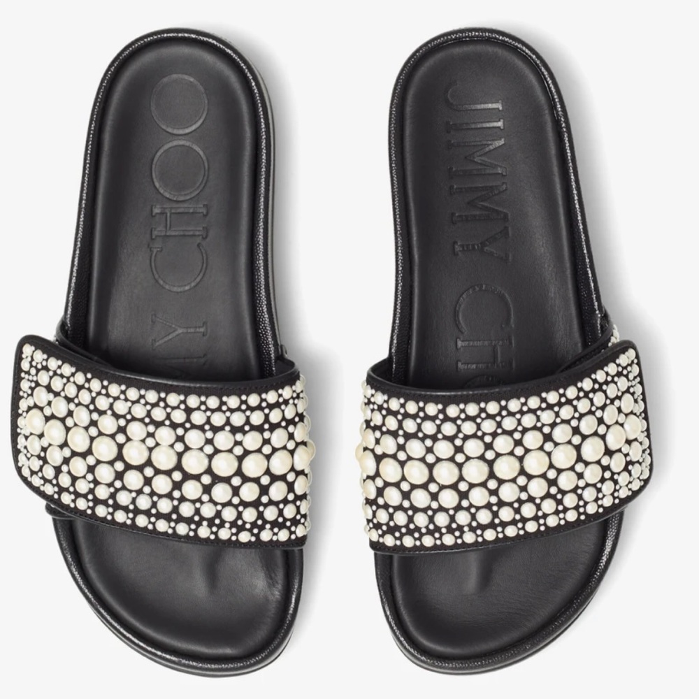 Jimmy Choo Canvas and Leather Slides with Pearls